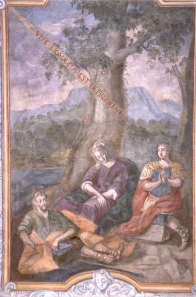 Vitus, Modestus en Crescentina rusten onderweg even uit. Vitus krijgt vanuit de hemel te horen dat zijn gebed (om het martelaarschap?) spoedig verhoord zal worden. .