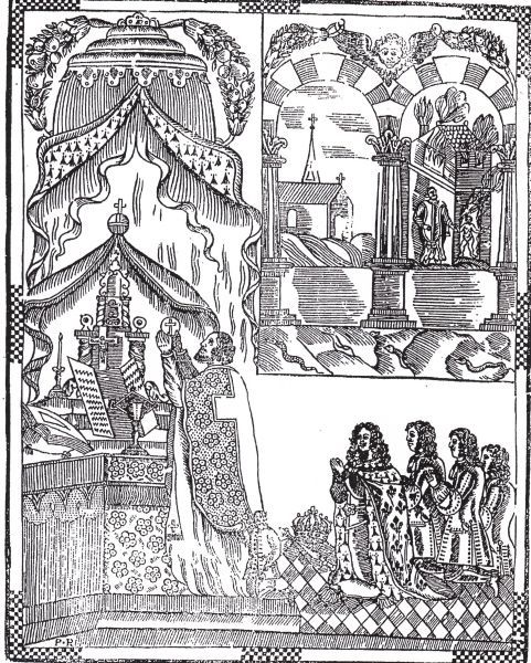 Links draagt Sint Vorles de mis op; we zien hem op het moment van de consecratie intrance. Rechts onder de koning (die zijn kroon heeft afgezet!) en zijn hovelingen die erbij aanwezig zijn. Rechtsboven redt de heilige een kind uit een brandend huis.
