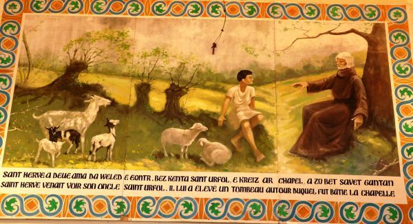 Sint Hervé kwam zijn oom Sint Urfold bezoeken.Hij richtte voor hem een grafmonument op waar omheen de kapel werd gebouwd. ± 1960(?), muurschildering.