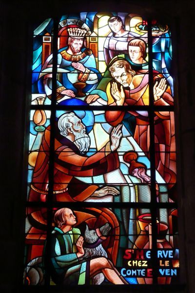 Hervé bevrijdt hertog Even van een duivel die hem tracht te vergiftigen. ± 1930(?), glasschilderkunst.