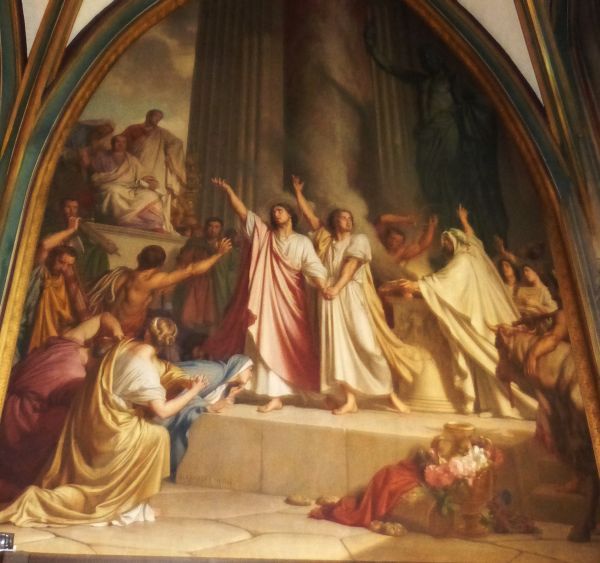 Gervasius en Protasius voorgeleid aan de rechter.