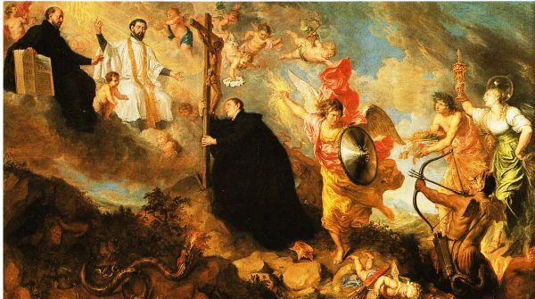 De geloften van Aloysius worden in de hemel in ontvangst genomen door vader Ignatius (met boek) en Franciscus Xaverius (in superplie met stola).