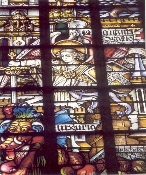 Detail van vorige afbeelding. Een engel verdedigt met zijn zwaard het 'kasteel der kuisheid'tegen de aanvallen van LUXURIA (de wellust), gekarakteriseerd door een zwijnskop.