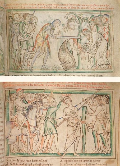Illustratie. Boven: Marteldood Alban, onder: marteldood Amfibalus.