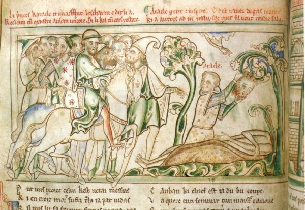 Illustratie. Herelius bespot omdat hij Albanus'hoofd bergt.