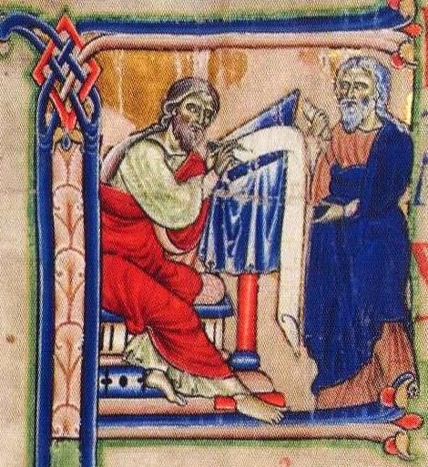 Hiëronymus (li) schrijft een brief aan Paulinus (re).
