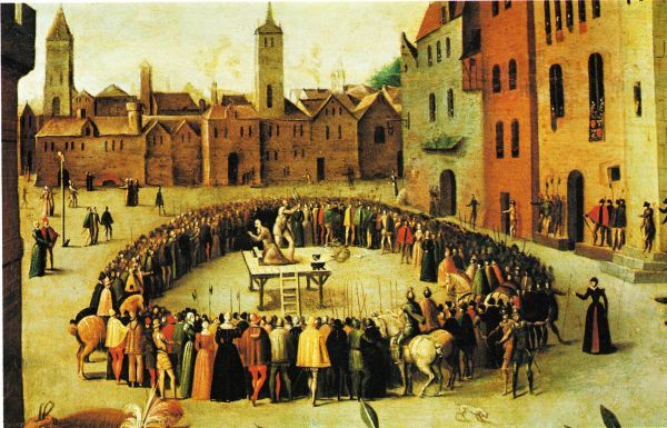 Terechtsteklling van Thomas More op het schavot voor de Tower te Londen. vóór 1599, Antoine Caron, schilderij.