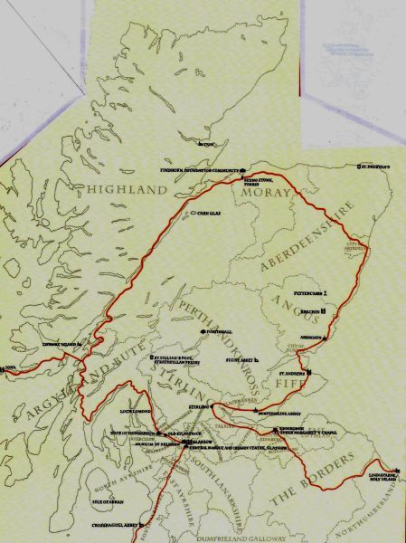 Bij Moluagh van Lismore: Kaart van Schotland. [Ter oriëntatie: het knooppunt even onder het midden: Glasgow. Iets meer naar het oosten Edinborough] In het uiterste westen: het eilandje Iona. Iets meer naar het oosten het eilandje Lismore. Het gedeelte dat wordt aangeduid met de rode cirkel was het werkgebied van Moluag van Lismore!