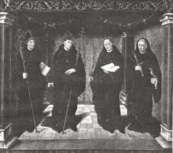 Schilderij door Frans Jansz (?). Van links naar rechts: Bonifatius, Gregorius de Grote, Adelbertus, Jeroen van Noordwijk.