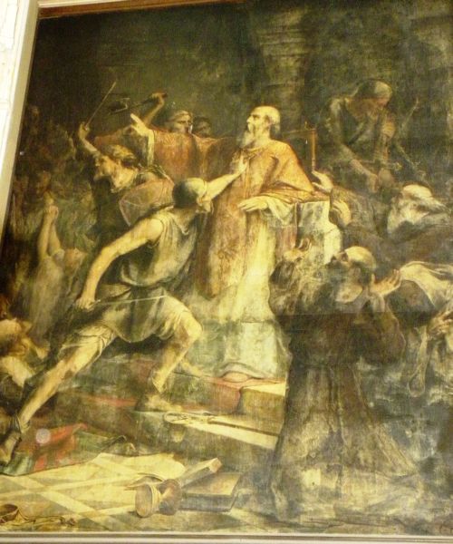 Marteldood van bisschop Gohard met zijn gelovigen door toedoen van de Noormannen in de kathedraal van Nantes.