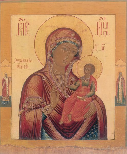 Links staat de heilige Petrus van Moskou (of Kiev), de Wonderdoener (+ 1326; feest 21 december). Rechts: Charalampus van Magnesia (+ 203; feest 10 februari).