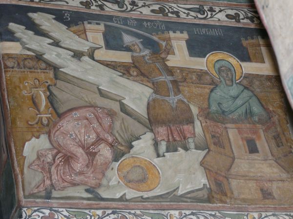Rechts: Potamiëna in de bak met kokende pek (vlammen slaan eruit). Afgebeeld tesamen met Theodotus van Ancyra (18 mei). Beiden worden in de Orthodoxe Kerken gevierd op 7 juni.