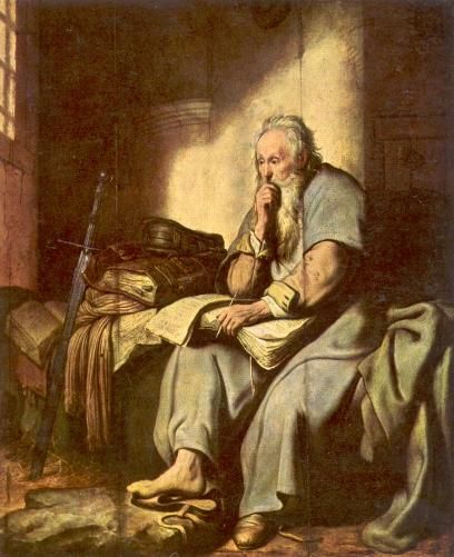Paulus schrijvend aan zijn brieven vanuit de gevangenis.