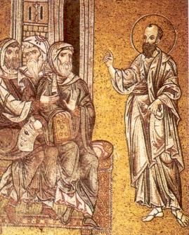 Frankrijk (?) , Bretagne,Illustratie. Paulus keert zich tot de joden in de synagoge van Damas.