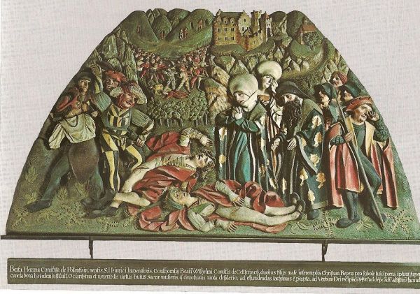 'De heilige Hemma, gravin van Pöllenstein, kleindochter van keizer Hendrik en gemalin van de heilige graaf Wilhelm von Zeltschach, adopteerde Christus zelf als nakomeling en benoemde Hem tot erfgenaam, toen haar zoons vermoord waren.' Op de voorgrond het rouwbeklag van Hemma en Wilhelm; op de achtergrond de moord op de beide jongemannen.