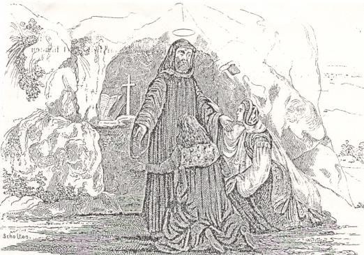 Nederland , in [149/2]. Zijn ouders komen Theobaldus in zijn kluizenarij opzoeken.
