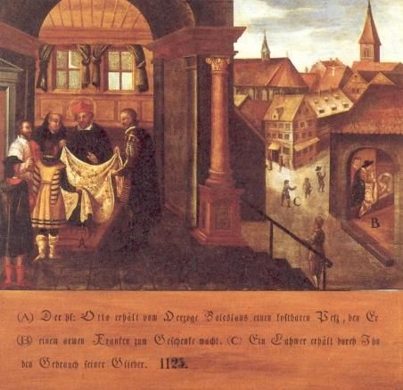 Otto krijgt van hertog Boleslaus een pelsmantel ten geschenke die hij weggeeft aan een zieke. Een lamme beschikt weer door zijn tussenkomst over de kracht in zijn ledematen.