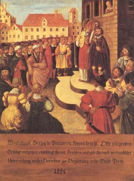 De heidense hertog van Pommeren, Wratislaus, komt Otto met groot gevolg tegemoet, ontvangt hem met grote vreugde en geeft hem een aantal hoge ambtenaren mee om hem naar de stad Pyritz te begeleiden.