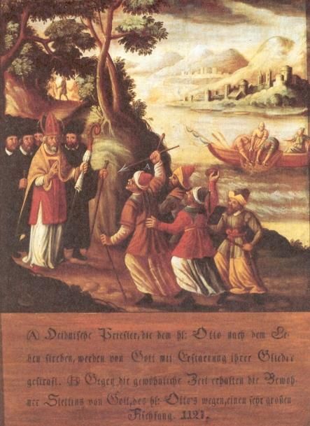 Nogmaals verstarren aanstormende moordenaars in hun houding. Intussen worden de inwoners van Stettin op Otto’s gebed gezegend met een wonderbare visvangst.