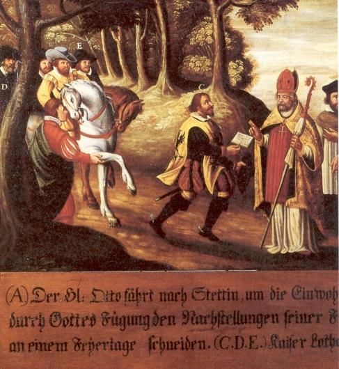 Deze afbeelding en de volgende vormen één geheel. Otto reist naar Stettin om de verzoening tot stand te brengen tussen de vorst daar en zijn bevolking; hij ontsnapt aan een aanslag. Een bliksemstraal verteert de oogst die sommige onverlaten zo nodig op zondag wilden binnenhalen. Keizer Lothar III roept Otto naar Duitsland terug: 1127.
