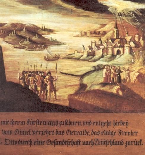 Deze afbeelding en de vorige vormen één geheel. Otto reist naar Stettin om de verzoening tot stand te brengen tussen de vorst daar en zijn bevolking; hij ontsnapt aan een aanslag. Een bliksemstraal verteert de oogst die sommige onverlaten zo nodig op zondag wilden binnenhalen. Keizer Lothar III roept Otto naar Duitsland terug: 1127.