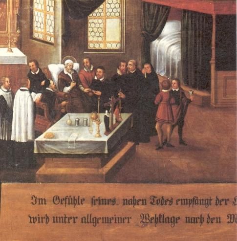 Deze afbeelding en de volgende vormen één geheel. Als Otto zijn einde voelt naderen, ontvangt hij de laatste sacramenten. Zijn lijk wordt onder luid geweeklaag van de hele stad naar de kerk op de Sint-Michaëlsberg overgebracht.