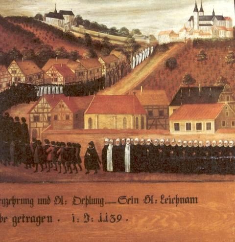 Deze afbeelding en de vorige vormen één geheel. Als Otto zijn einde voelt naderen, ontvangt hij de laatste sacramenten. Zijn lijk wordt onder luid geweeklaag van de hele stad naar de kerk op de Sint-Michaëlsberg overgebracht.