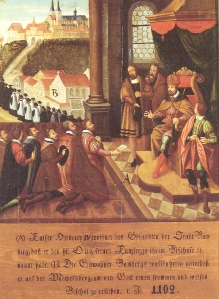 Terwijl de hele bevolking van Bamberg naar de Michaëlskerk op de berg pelgrimeert om van God een waardige bisschop af te smeken, maakt Keizer Hendrik IV aan de stad Bamberg bekend, dat hij zijn kanselier Otto tot haar bisschop heeft benoemd. Dit zou gebeurd zijn in 1102.