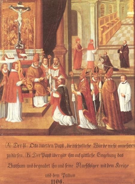 Otto gaat de paus vragen of hij de bisschoppelijke waardigheid asjeblieft niet hoeft aan te nemen. Maar de paus vertrouwt hem op goddelijke ingeving het bisdom Bamberg toe, en schenkt hem de eretekenen van het kruis en het pallium.
