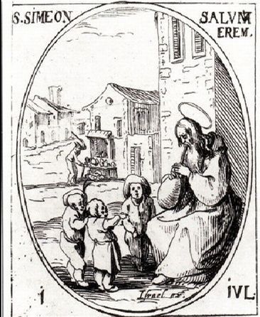 In: BENTLEY, James 'A Calendar of Saints. The Lives of the Principal Saints of the Christian Year' Simeon de Dwaas op een houtje bijtend uitgelachen door straatkinderen.