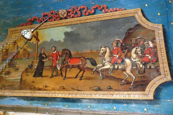 Ontmoeting Sint Goulven met hertog Even. ± 1820(?), paneel. Frankrijk, Bretagne, Finistère, Goulven, Egl. St-Goulven, portaal.