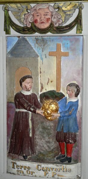 Aarde in goud veranderd krachtens gebed. Frankrijk, Bretagne, Finistère, Goulven, Egl. St-Goulven, portaal.
