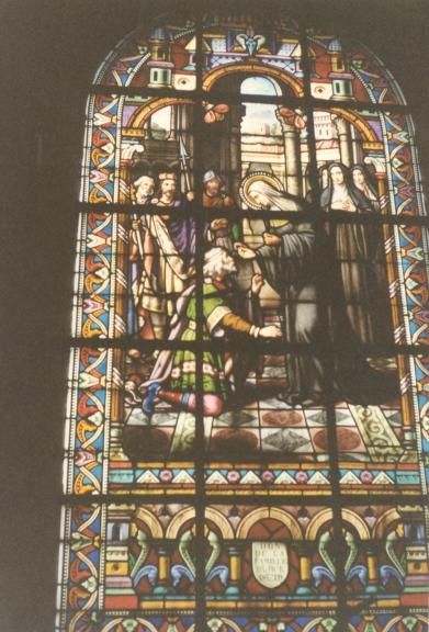 Glasschilderkunst. Bertha geneest de ogen van de met blindheid geslagen Ruodger .