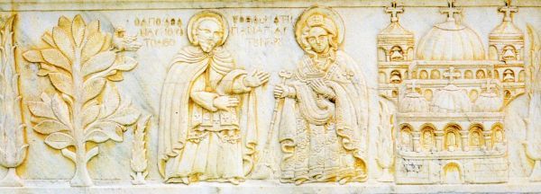 De Moeder Gods Maria ('Panagia') reikt Athanasius de herdersstaf over 15e(?) eeuw