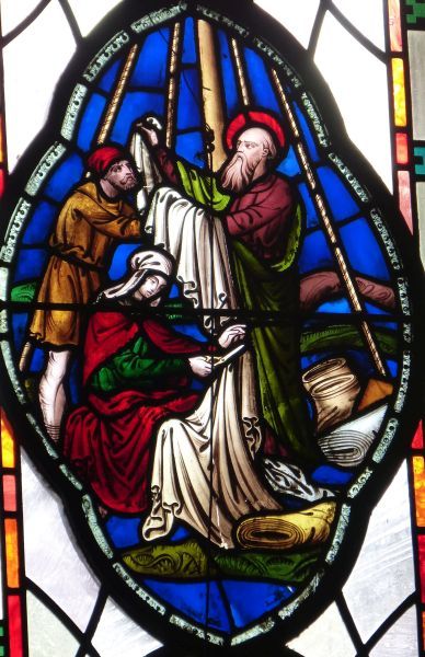 Aquila en Priscilla, als tentenmakers met Paulus aan het werk Ca 1920(?), glasschilderkunst