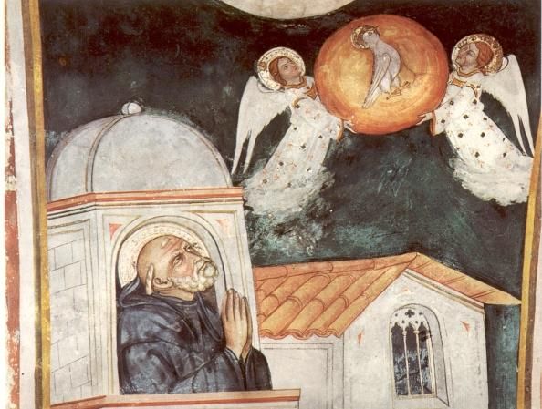 Na het laatste onderhoud van Benedictus met zijn zus Scholastica, ziet hij vanuit een toren in Montecassino haar ziel in de gedaante van een duif ten hemel stijgen De laatste.
