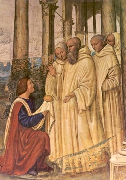 Detail van een schilderij Italië Er wordt getracht Benedictus te vergiftigen.
