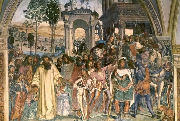 Benedictus verwelkomt Maurus en Lacidus.