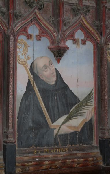 Waarschijnlijk bedoelde de schilder Sint Placidus, de leerling van Benedictus (15 jan. met Maurus), maar door hem een martelaarspalm in de hand te geven, past hij nu beter bij Placidus van Dissentis.