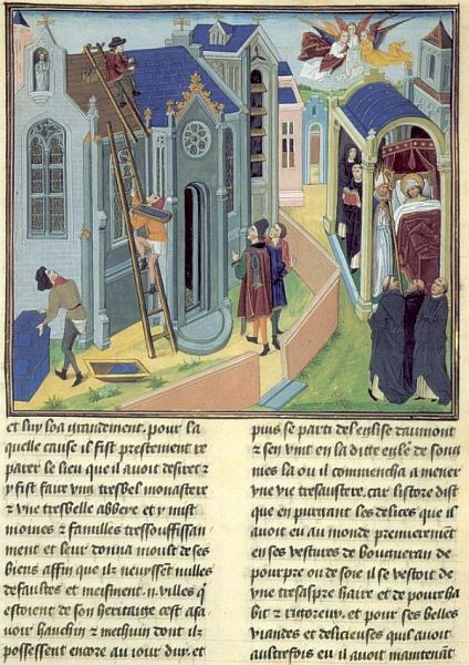 Links: Sint Vincent laat de abdij van Soignies bouwen Rechts: De dood van Sint Vincent.
