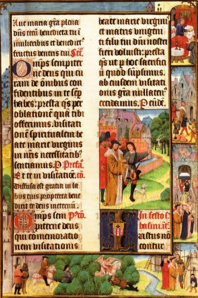Rond de liturgische tekst staan scènes uit het leven van Basinus afgebeeld. Links onder gaat hij uit jagen; de grote afbeelding in het midden toont het hert in de bossen; daaronder is Basinus in slaap gevallen waarin een engel hem openbaart dat hij daar driekerken moet bouwen. Rechts onder is de bouw begonnen; daarboven de inwijding; daarboven worden de kerken geplunderd. Rechts boven is Basinus sterft Basinus; een engeltje draagt zijn ziel richting hemel.