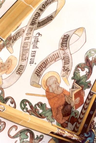 Judas Thaddeus met zwaard (? niet met knots?) en boek en banderol: 'Carnis resurrectionem' (De verrijzenis van het lichaam).