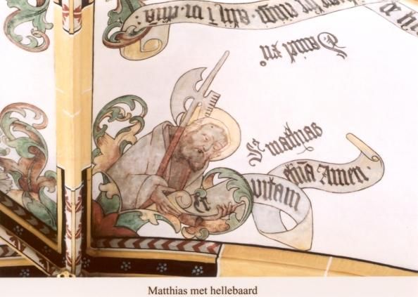 Matthias met hellebaard en banderol: 'Vitam aeternum. Amen' (het eeuwig leven. Amen).