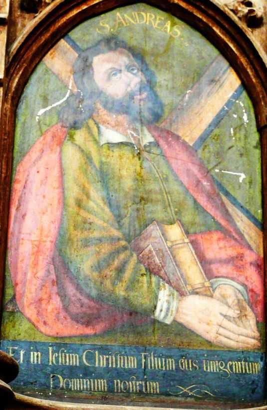 Andreas met onderschrift: 'Et in Jesum Christum Filium eius unicum Dominum Nostrum' (En in Jezus Christus, zijn enige Zoon, onze Heer).