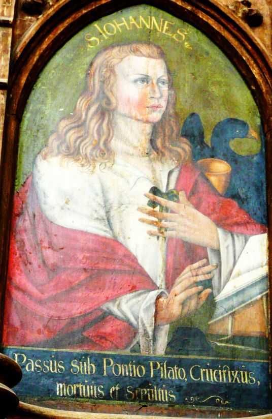 Johannes met onderschrift: 'Passus sub Pontio Pilato Crucifixus mortuus en sepultus' (Geleden heeft onder Pontius Pilatus, is gekruisigd, gestorven en begraven).