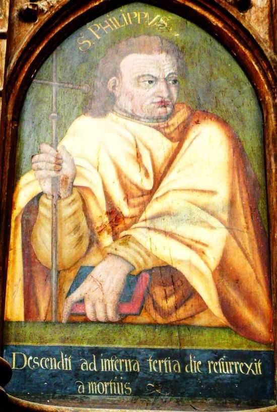 Philippus met onderschrift: 'Descendit ad inferna tertia dia resurrexit a mortuis' (Nedergedaald ter helle, de derde dag verrezen uit de doden).