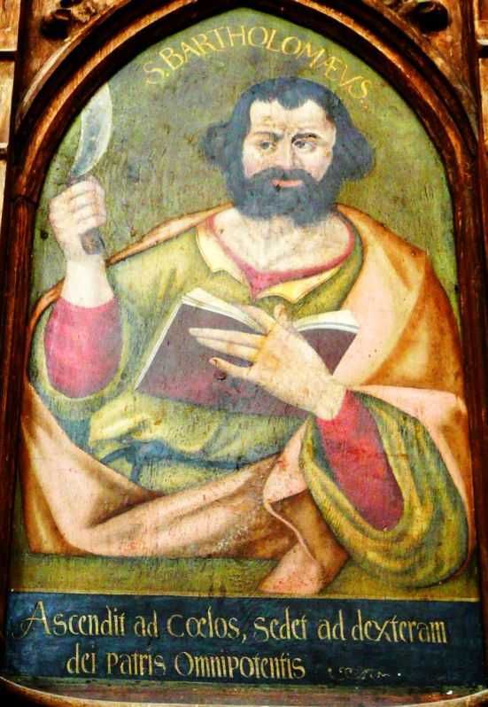 Bartholomeus met onderschrift: 'Ascendit ad celos sedet ad dexteram dei patris Omnipotentis' (Is opgestegen ten hemel, zit aan de rechterhand van God, de almachtige Vader).