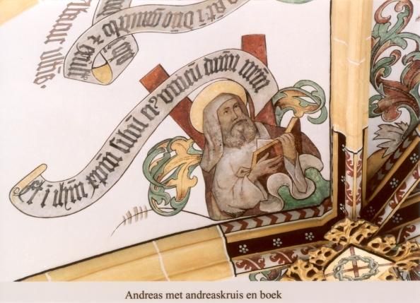 Andreas met Andreaskruis (en boek) en banderol: 'Et in Jesum Christum filium eius unicum domini nostri' (En in Jezus Christus, zijn enige Zoon, onze Heer).
