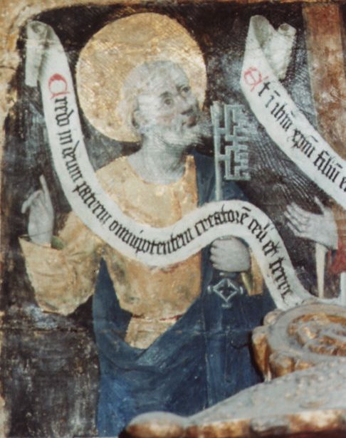 Petrus met sleutel en banderol: 'Credo in deum patrem omnipotentem creatorem caeli et terrae' (Ik geloof in God de almachtige Vader, schepper van hemel en aarde).
