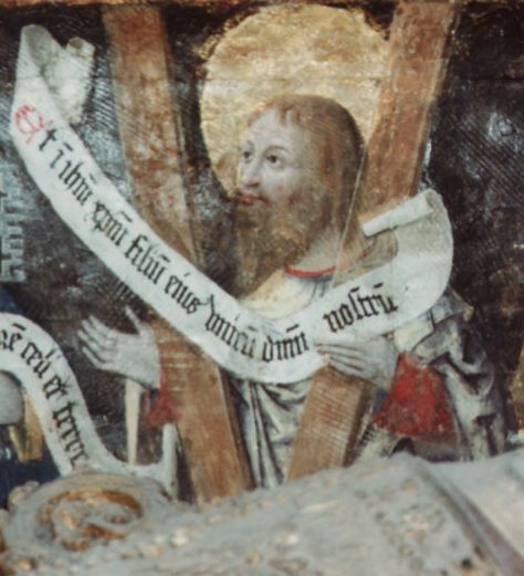 Andreas met Andreaskruis en banderol: 'Et in jesum christum filium eius unicum domini nostri' (En in Jezus Christus, zijn enige Zoon, onze Heer).
